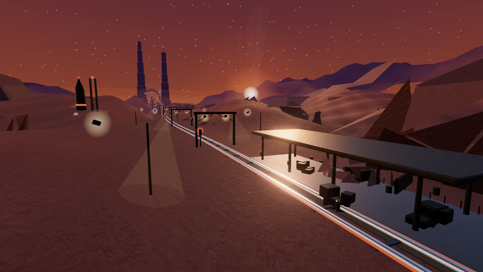 A glowing orange rail line crossing a Martian desert at dusk